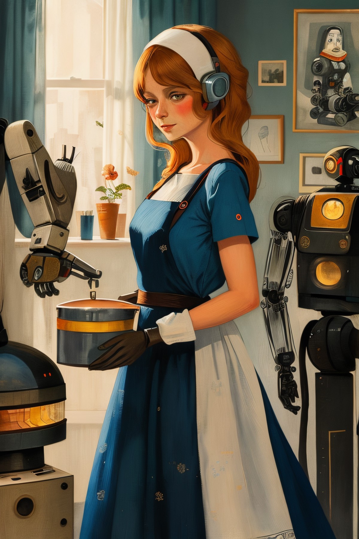masterpiece,best quality,<lora:tbh199-:0.7>,illustration,style of Rosina Wachtmeister portrait of Housework robots